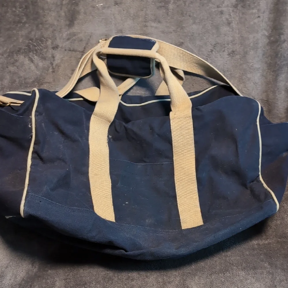 Navy and Tan Canvas Duffel Bag